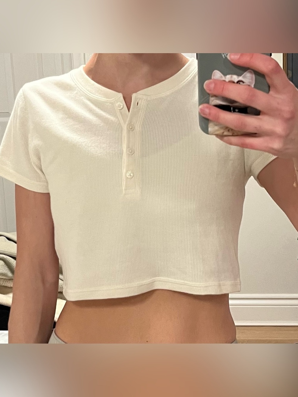 Cropped Ribbed Henley Tee - White/Cream